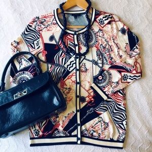 Talbots Sea Maps Nautical 3/4 Sleeve Cardigan, S